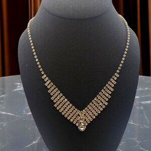 V-Shaped White Rhinestone Adjustable Necklace on a Silver Tone Chain